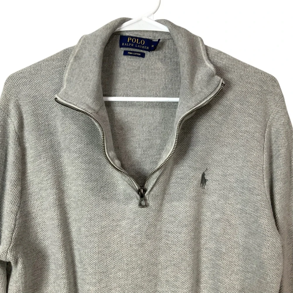 Polo Ralph Lauren Grey Pima Cotton Sweater M Quarter Zip Mock Neck Long Sleeve